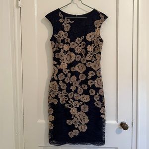 Joseph Ribkoff Navy and Gold Lace Cocktail Dress